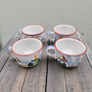 Mesa International Hungary Hand Painted Lighthouse Soup Mugs Signed Set of 4